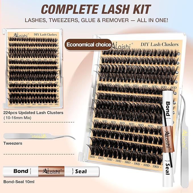Lash Clusters Kit, DIY Cluster Eyelash Extensions 9‑16mm, 60D+80D+100D, 224pcs Fluffy D Curl Natural Lashes with Bond & Seal,Tweezers–Fake Cat Eye Individual Clusters