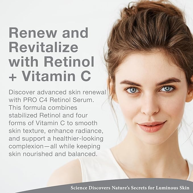 Lira Clinical Pro C4 Retinol Serum - Anti Aging Face Serum with Plant Stem Cells - Vitamin C with Licorice and Olive Extract - Perfect for Acne Prone Skin - 1.69 Ounce