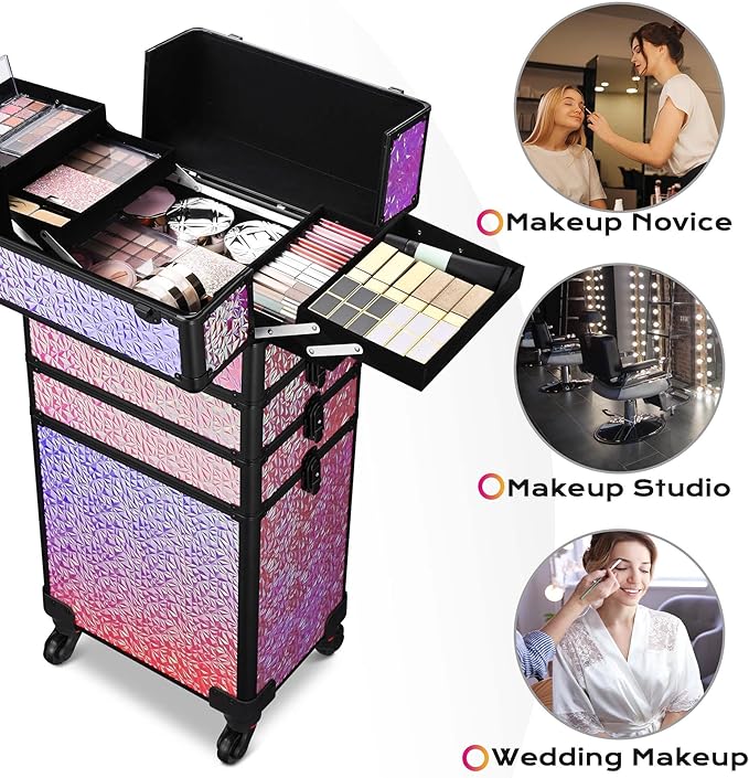 BYOOTIQUE 4in1 Rolling Cosmetology Case on Wheels Hairdressing Brush Bags Cosmetic Organizer Lash Storage Box for Makeup Artist Beauty Salon Nail Technician Hairstylist,Mermaid Pink