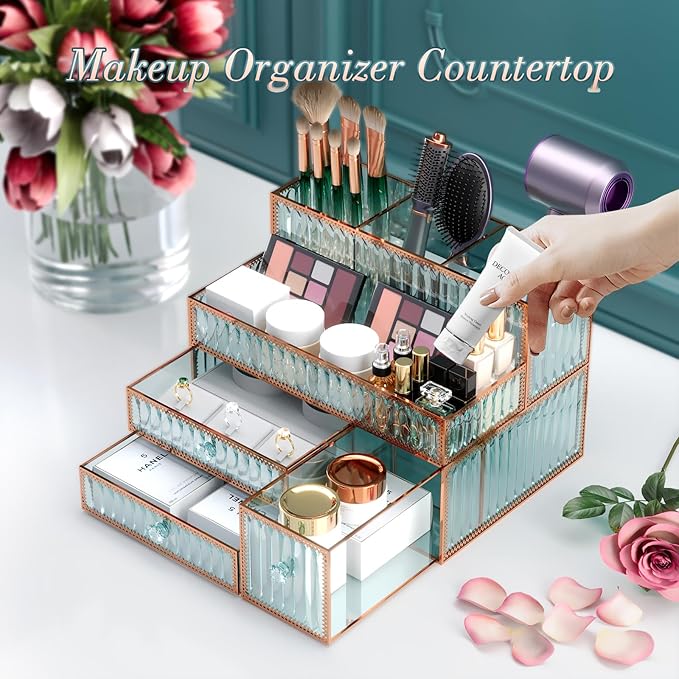 Makeup Organizer Countertop - Tempered Glass Vanity Organizer for Cosmetics, Skincare, Hair Tools, Brushes, Perfume - Multipurpose Bathroom Counter Skincare Organizer