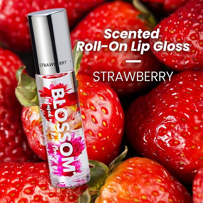 Blossom Scented Roll on Lip Gloss, Moisturizing Lip Gloss Tubes, Hydrating & Strengthening Scented Cuticle Oil with Real Flowers, 0.55 fl oz./19.4mL, 3 pack Gift Set, Strawberry/Watermelon/Rose