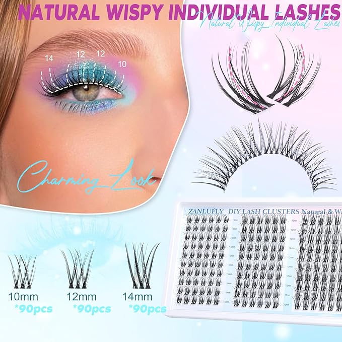 Lash Clusters Wispy Eyelash Clusters Natural C-Curly Cluster Lashes zanlufly Wispy Individual Lashes 180Pcs Eyelash Extension 10 12 14MM DIY Lash Extension