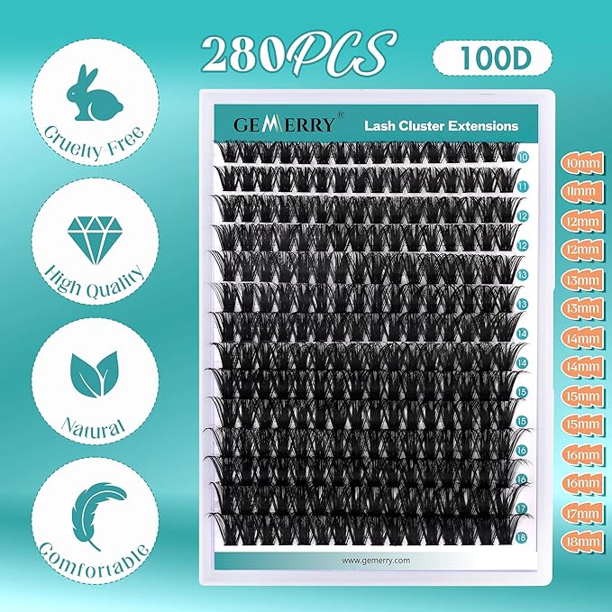 GEMERRY DIY Lash Extension Kit for Beginners 280 PCS Individual Lash Cluster Kit 0.07D 10-18 MIX Eyelash Extension Kit Lash Glue for Eyelash Extensions(100D-0.07D,10-18MIX-KIT)