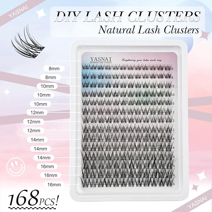 Lash Clusters Natural Look Wispy Lash Extensions, YASNAI Cluster Eyelash Extensions C Curl Individual Lashes 8-16MM 168pcs, Eye Lash Clusters Thin Clear Lash Band Cluster Lashes