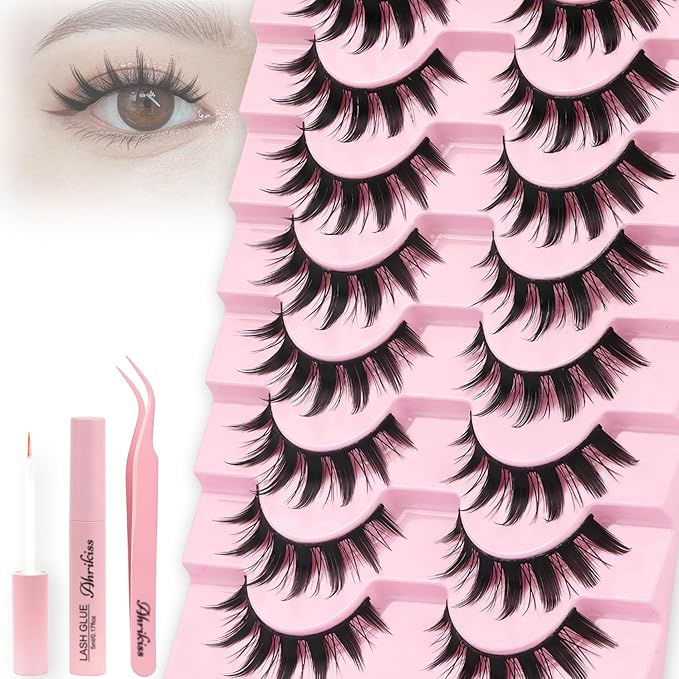 Ahrikiss Lashes Spiky Manga Lashes Anime False Eyelashes 8 Pairs Faux Mink Lashes Kit with Lash Glue and Lash Tweezers Cosplay Thick Fake Eyelashes Soft Wispy Strip Lashes (Doll Kit)