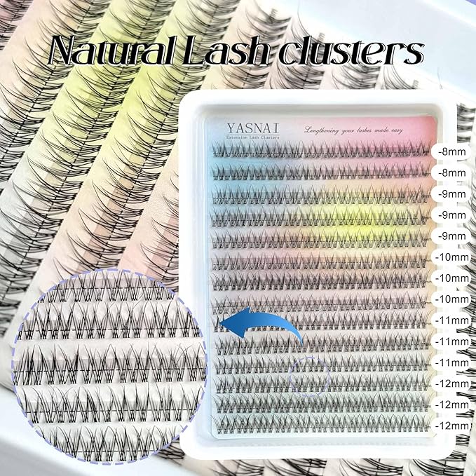Lash Clusters Natural Look Wispy C Curl Lash Extensions, Natural Lash Clusters Clear Band 8-12MM 168pcs DIY Eyelash Extension, Yasnai Individual Eyelash Clusters DIY at Home