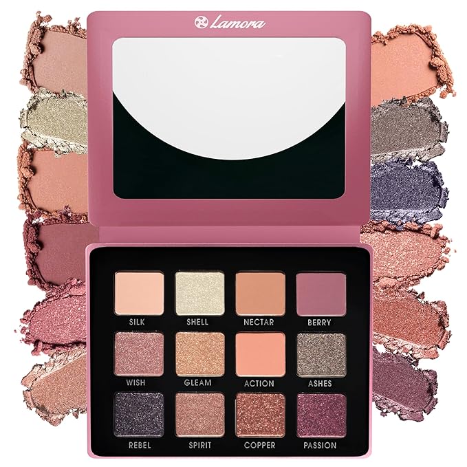 Lamora Pink Eyeshadow Palette - 12 Soft Mauve Rose Shadows, Multi-Use Eye Makeup Palette with Matte & Shimmer Finishes, Ultra-Blendable Everyday Neutrals, Long-lasting Wear, Travel Makeup with Mirror