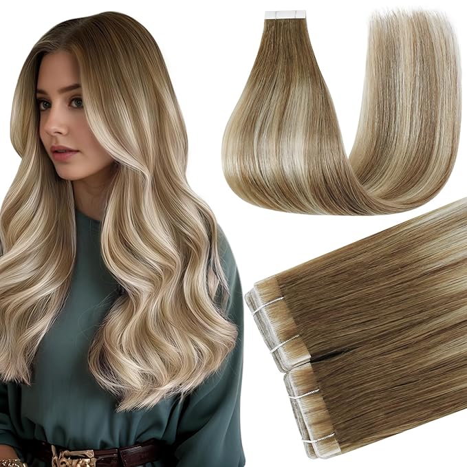 Full Shine Tape in Extensions Human Hair Color 3/8/22 Balayage Tape Extensions Human Hair 22Inch Long Straight Skin Weft 50G Seamless Invisible Extension Cuticles Aligned Natural 20Pcs