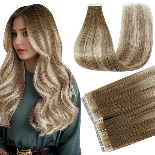 Full Shine Tape in Extensions Human Hair Color 3/8/22 Balayage Tape Extensions Human Hair 22Inch Long Straight Skin Weft 50G Seamless Invisible Extension Cuticles Aligned Natural 20Pcs