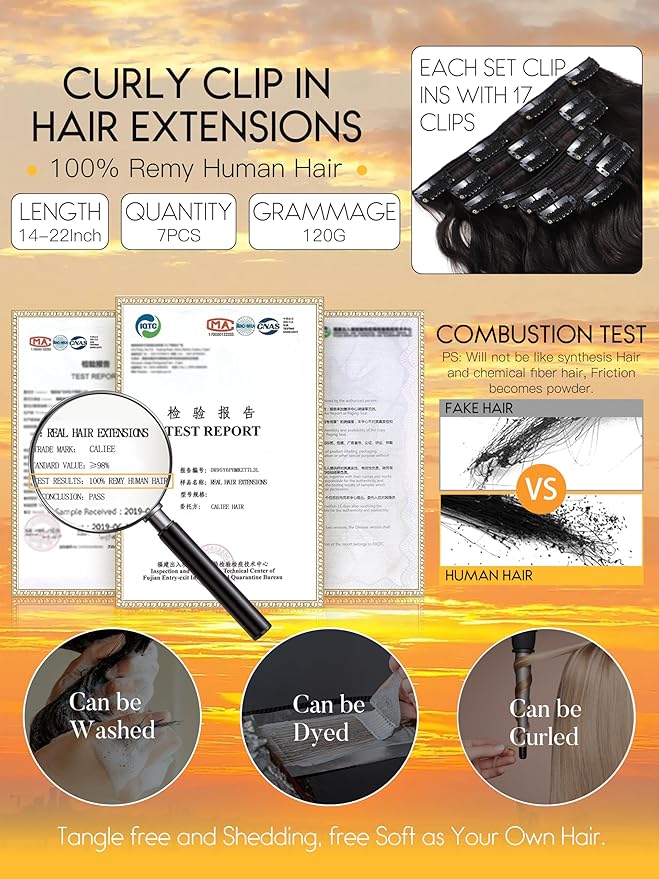 Caliee Natural Curly Wave Clip in Hair Extensions 18Inch Human Hair Thick End Wavy Curly Natural Black Color Double Weft 120Gram #1B Off Color Soft Hair 17Clips 7Pieces Per Pack