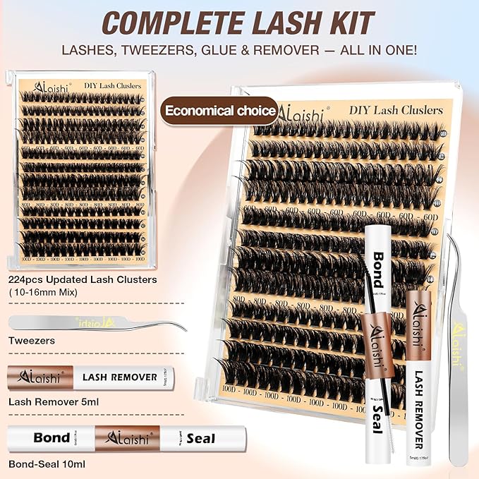 Lash Clusters Kit, DIY Cluster Eyelash Extensions 9‑16mm, 60D+80D+100D, 224pcs Fluffy D Curl Natural Lashes with Bond & Seal,Remover,Tweezers,Brush–Fake Cat Eye Individual Clusters