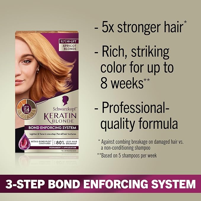 Schwarzkopf Keratin Blonde Hair Dye, 11.7 Apricot Blonde, Professional Quality Hi-Lift Permanent Hair Color, Bond Enforcing System Helps Prevent Breakage* Pre-Color Serum & Conditioner Included