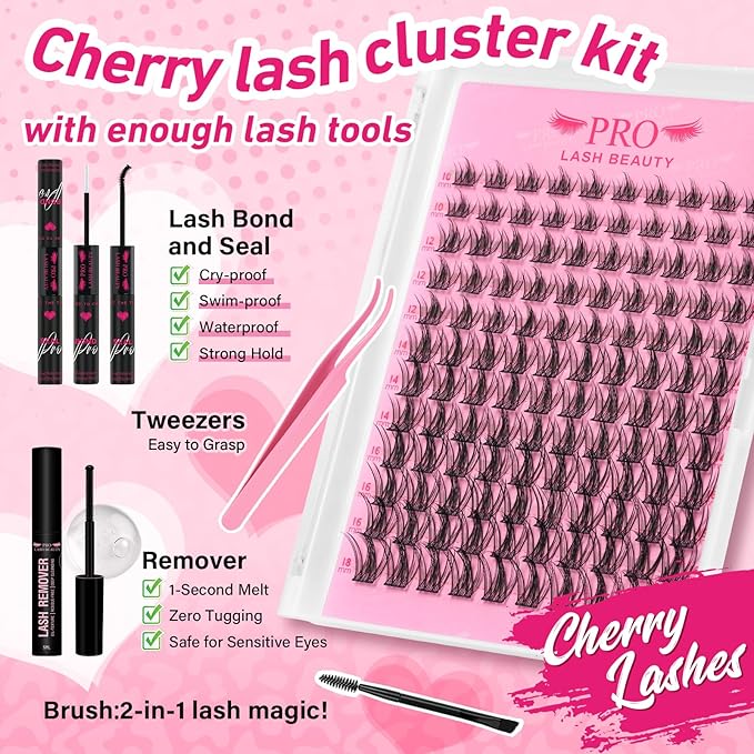 PROLASHBEAUTY Lash Clusters Kit Manga Lash Extension Kit Eyelash Extension Kit Wispy Lash Kit with Waterproof DIY Lash Extension Kit at Home (Cherry,10-18mix)