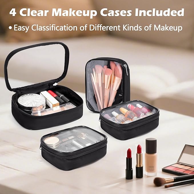 Travel Makeup Bag with 4 Clear Cases, Large Quilted Cosmetic Organizer for Women, Puffy Storage Bag for Cosmetics, Photos or Pill Bottles, Black (Empty Bag)