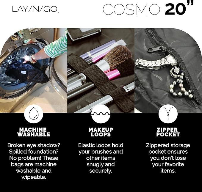 Lay-n-Go Cosmo Layflat Drawstring Cosmetic & Makeup Bag Organizer w/Zipper Pocket, Brush Loops & More, Cinch to Close, Lay Flat to Use, Durable, Machine Wash, Travel Toiletry Bag (20", Leopard)
