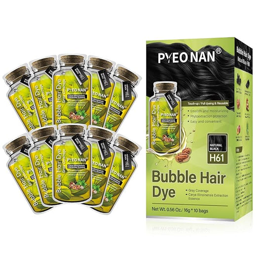 Unisex Bubble Hair Dye with Natural Plant Extracts, 2-in-1 for Gray Coverage and Hair Care, Gray Hair Turns into Black or Dark Brown with Herbal Ingredients (Natural Black, 1 Box (10 bags))
