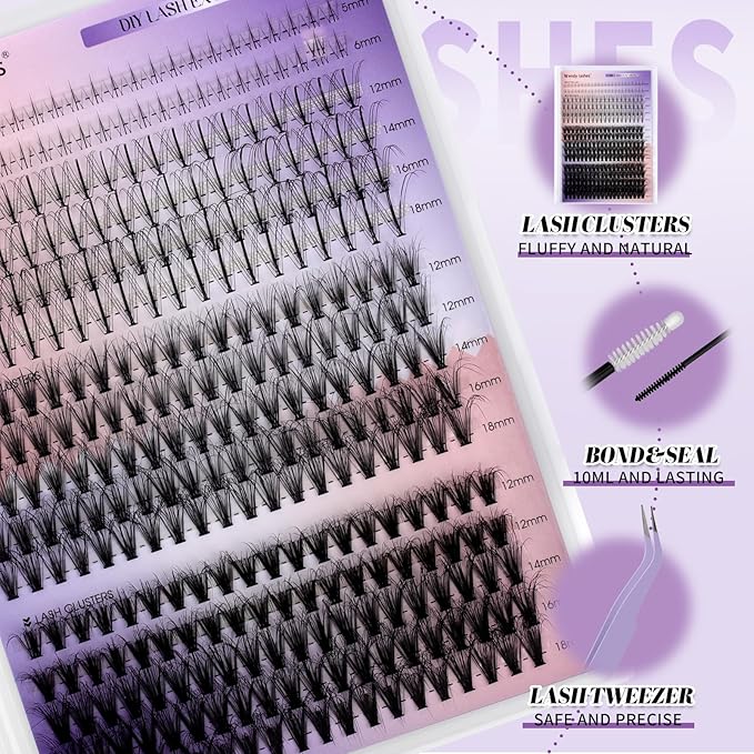 Lash Clusters Kit With Bottom Lashes 20/30D 3D Curl DIY Lash Extension Kit 12-18mm Multi-types Individual Lashes Bond and Seal, Spike, Volume Lashes Kit Lash Applicator(20/30 3DKit)