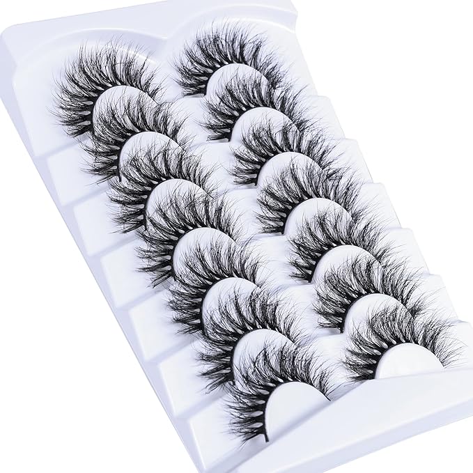 False Lashes Fake Eyelashes Cat Eye Lashes Faux Mink Lashes Natural Look 8D Fluffy Wispy Lashes That Look Like Extensions Pestañas Postizas D Curl Lash Strips 7 Pairs Pack