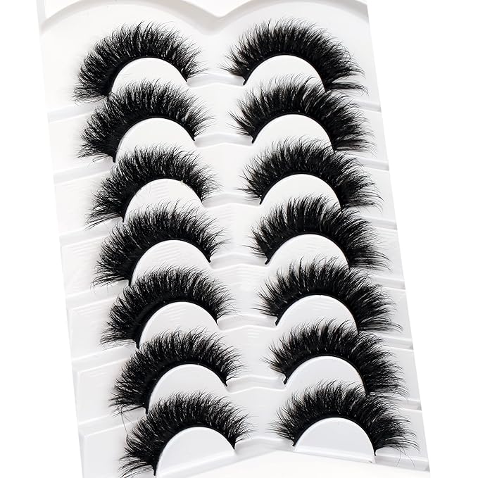 Pooplunch False Eyelashes Cat Eye Look 18MM Dramatic Volume Thick Wispy Long Faux Mink Lashes Fake Eyelash Strips 7 Pairs Pack