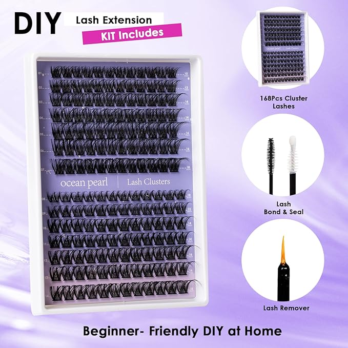 Ocean Pearl Lash Clusters Kit 168pcs,Eyelashes,spike-effect cluster lashes,10-18mm manga/anime-inspired lashes clusters,DIY Cluster Eyelash Extensions kit with lash bond+seal+remover+tweezers-DM01+M38