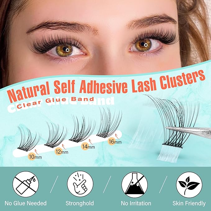 Zegaine Self Adhesive Eyelashes Natural Self Adhesive Lash Clusters Wispy Pre Glued Lashes Natural Look Cluster Eyelash Extensions C-Curly Glueless Lash Clusters Reusable No Glue Needed 10-16MM 120Pcs