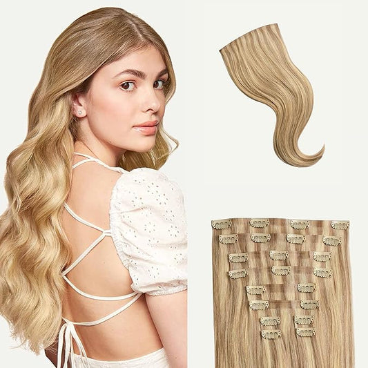 Luxy 100% Remy Human Hair - Seamless Clip-In Hair Extensions - Multi-Dimensional Color for Natural Blending, Adds Volume & Length 160 grams 16" Dirty Blonde Highlights