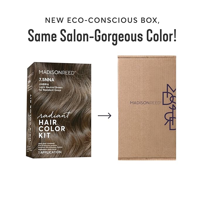Madison Reed Radiant Hair Color Kit | 7.5NNA Light Neutral Brown (Umbria Brown) 100% Maximum Gray Hair Coverage | Salon-Quality Permanent Hair Dye for Resistant Grays | PPD & Ammonia-Free | 1 Pack
