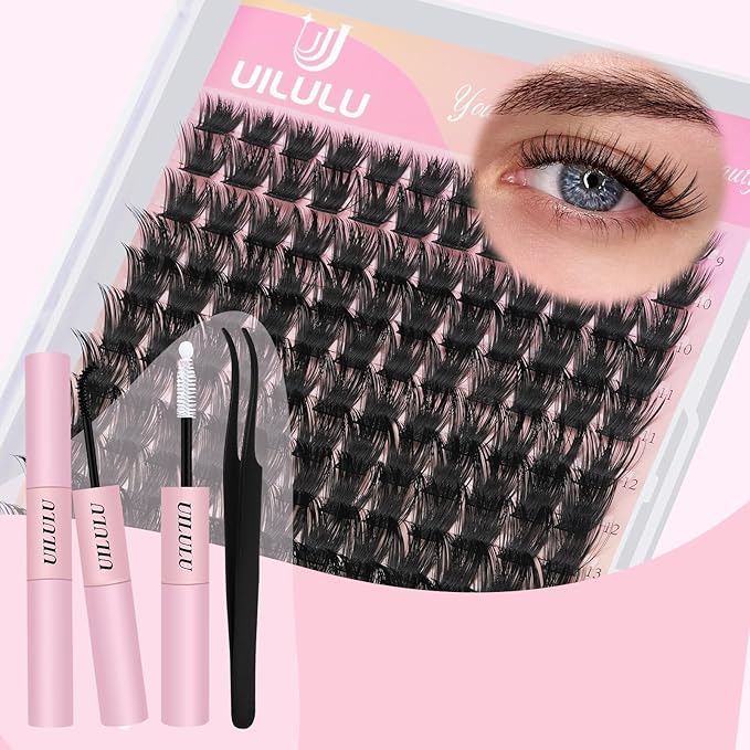 Lash Clusters Kit for DIY Lash Extension at Home, False Eyelashes Set with Bond and Seal, Remover, Tweezers, D Curl Wispy Individual Clusters Lashes Eye Lash Extensions Kit (U02 DIY Lash Kit)