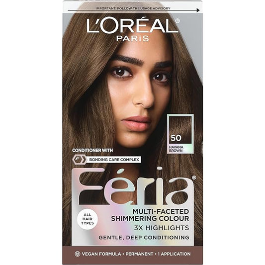 L'Oreal Paris Feria Multi-Faceted Shimmering Permanent Hair Color, 50 Havana Brown (Medium Brown), Pack of 1 Hair Dye Kit