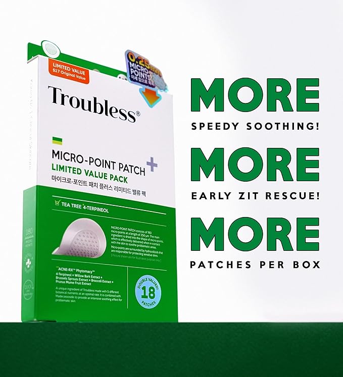 Troubless Micro-Point Patch Plus Limited Value Pack - Thin Hydrocolloid for Targeted Application w/ 180 Micro-Points - High-Absorption, Seamless Adhesion & Easy-Wear Zit Patches for Face (18 ea)