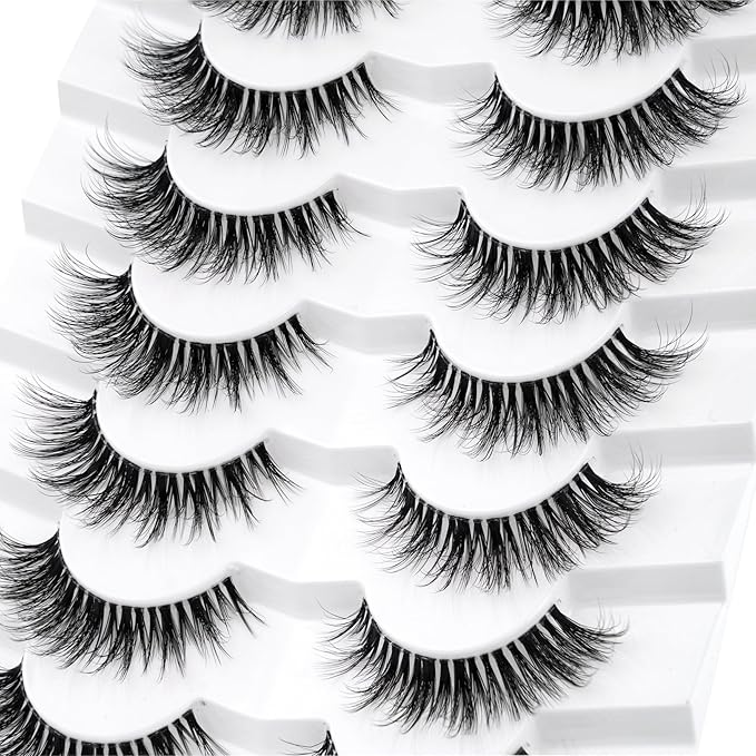 3D Clear Band Lashes 14mm Natural Soft Faux Mink Lashes C/D Curl Cat Eye Wispy Fake Eyelashes Short Cross Reusable False EyeLashes 7 Pairs (No.219)