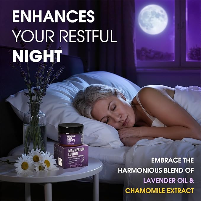 Lavender Magnesium Lotion, Nighttime Magnesium Cream with Chamomile, Shea Butter & Jojoba Oil - Muscle Relief & Relaxation for Legs, Arms, Feet - Christmas Gifts for Women (4oz)