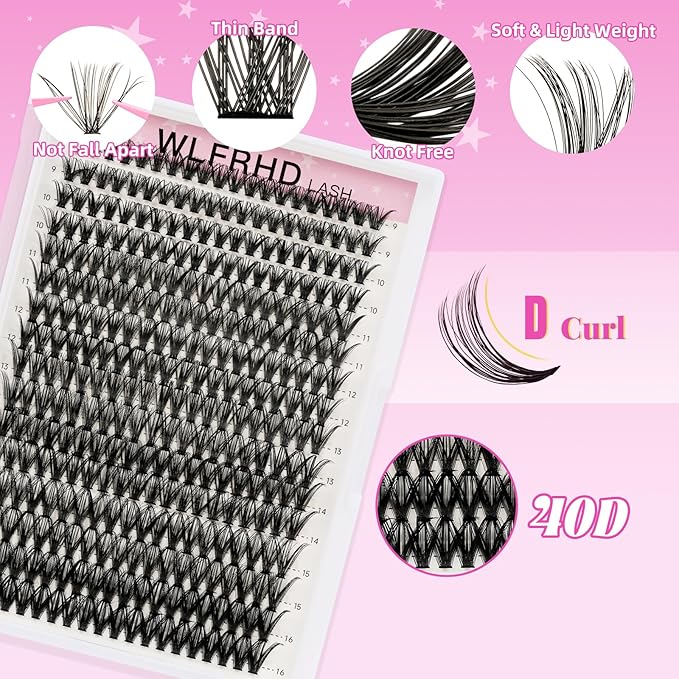 Lash Clusters Kit 320 Pcs DIY Individual Cluster Lashes D Curl Lash Extension Kit with Eyelash Bond and Seal, Remover, Tweezers Applicator Tool for False Eyelash Cluster Kit(40D, Mix9-16mm Kit)