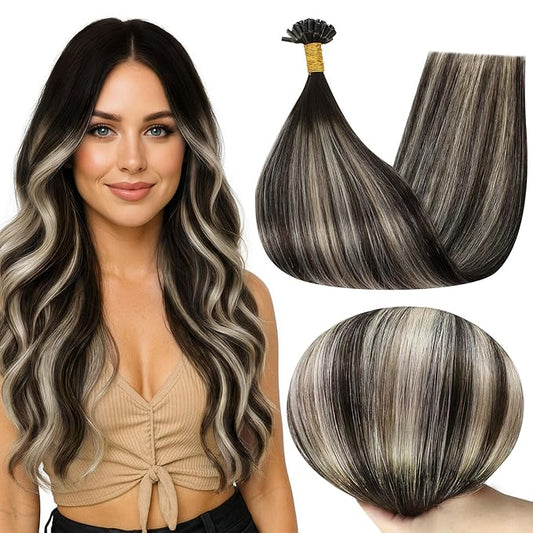 Full Shine U Tip Human Hair Extensions Balayage Dark Brown Ombre to Platinum Blonde and Brown Keratin Tip Hair Extensions Real Human Hair 24 Inch Long Straight Remy Hair 50 Grams