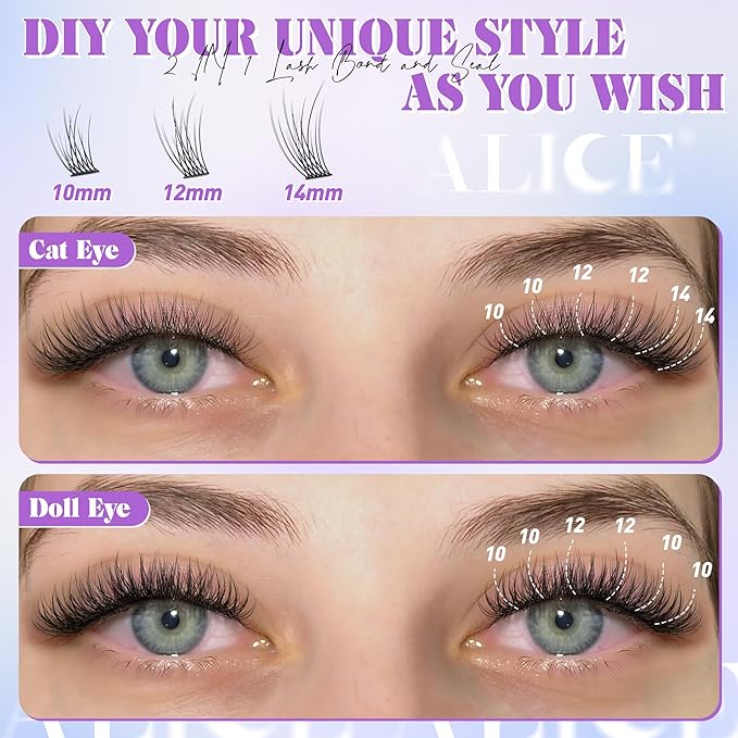 ALICE Natural Lash Clusters Kit Wispy Lash Extension Kit Thin Band Cluster Eyelash Extension Kit 270pcs C-Curly 10-14mm Individual Lashes with Lash Glue Bond and Seal Self Application at Home