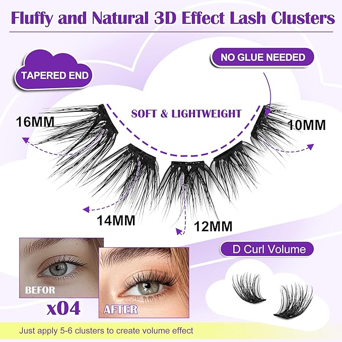 JoMay Self Adhesive Eyelashes, Press on Lashes No Glue Needed, Glueless Lashes Pre-Glued Natural Cluster Extension Kit D Curl For Beginners, No Sticky Residue 1 Step DIY 48PCS 10-16mm X04