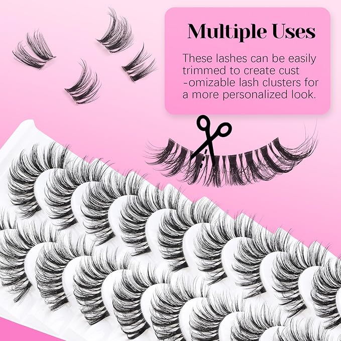 Veleasha Lashes Fluffy False Eyelashes with Clear Band Long Eyelashes Looks Like Lash Extensions CC Curl Soft Fake Lashes Strips Lashes 10 Pairs Pack (Bold Length)