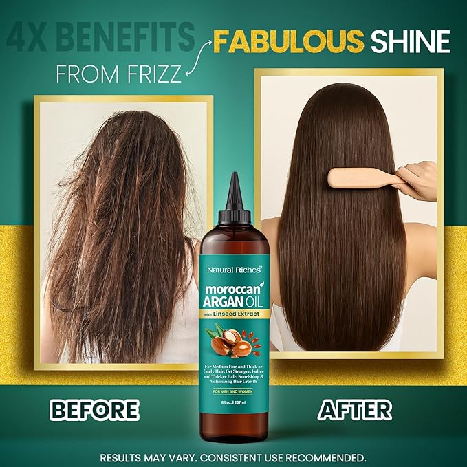 Natural Riches Moroccan Argan Oil Hair Treatment with Linseed Extract – Smooths Frizz, Detangles, Conditions & Boosts Shine – Deep Hydration for Dry, Damaged, Curly & Color-Treated Hair – 8 fl oz