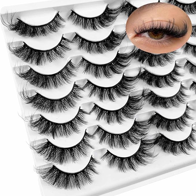 Yasnai Cat Eye Lashes False Eyelashes Fluffy Volume 18mm Strip Lashes Wispy Fake Lashes Natural Eyelashes 14 Pairs Pack 9D