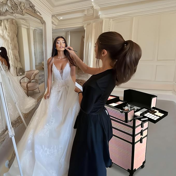 BYOOTIQUE Barber Case False Eyelash Storage Rolling Makeup Cart on Wheels Hairdressing Brush Bags Barber Suitcase for Wedding Beautician Manicurist Hairstylist,Blush ForgetMeNot