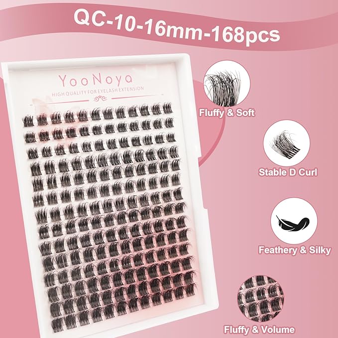 Lash Clusters 168 PCS 10-16mm Thick Eyelash Clusters D Curl Fluffy Cluster Eyelash Extensions Natural Cluster Lashes Reusable Volume Lashes Extension with Clear Lashes Band (QC-10-16mm-168PCS)