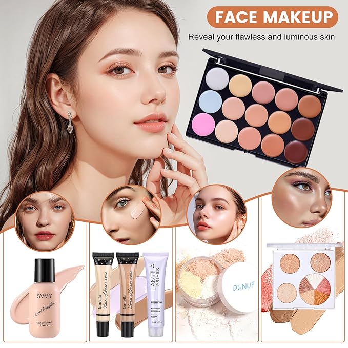 All in One Makeup Kit, Makeup Kit for Women Full Kit, Make Up Gift Set for Women, Makeup Essential Bundle Includes Foundation Eyeshadow Palette Concealer Lipstick Eyeliner Mascara Cosmetic Brush Set