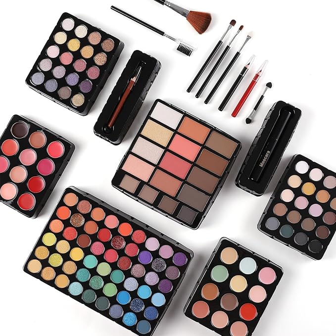 All in One Makeup Gift Set for Women Girls Full Kit, Includes Eyeshadow, Lipstick, Concealer, Highlighter, Eyebrow Powder, Blush, Contour, Lip Liners, Eyeliner, Brushes (Cerise)