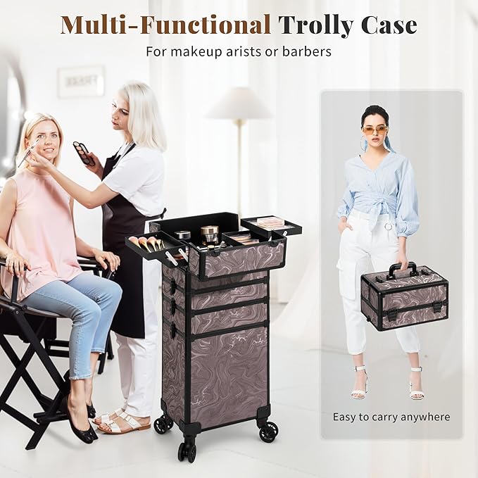 Profesional Rolling Makeup Train Case with Lid, 5 in 1 Cosmetology Case on Wheels, Large Cosmetic Trolley Organizer Travel for Hairstylist Artist Nail Beauty Salon Barber, Brown Ink