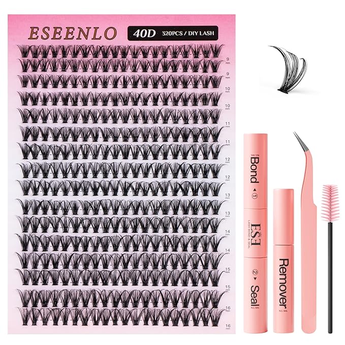 Lash Extension Kit 320pcs Lash Clusters D Curl 9-16mm Mix Lash Clusters Kit 40D Individual Lashes with Lash Bond and Seal and Lash Tweezers