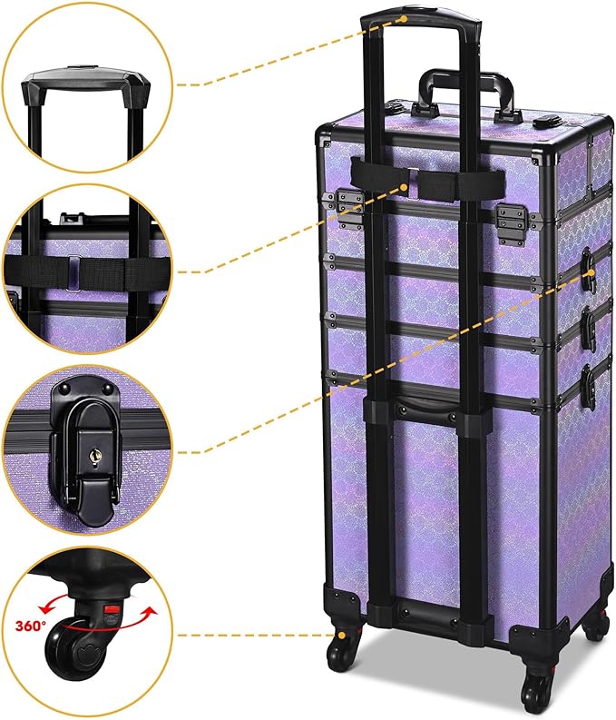 BYOOTIQUE 4in1 Makeup Rolling Case Nail Cart Organizer with Wheels False Eyelash Storage Hairdressing Brush Bags for Beauty Salon Hairstylist Barbershop,Charm ForgetMeNot