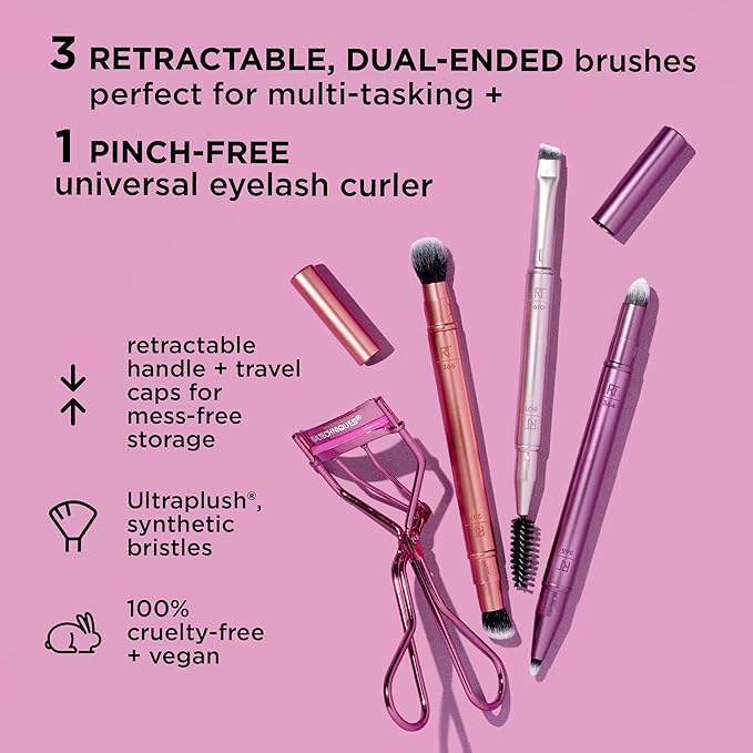 Real Techniques Double Time Brush + Lash 4 Piece Set, Dual-Ended Eye Makeup Brushes For Eyeshadow & Brows, Travel-Friendly Brush Caps For Storage, Eyelash Curler Included, Cruelty-Free