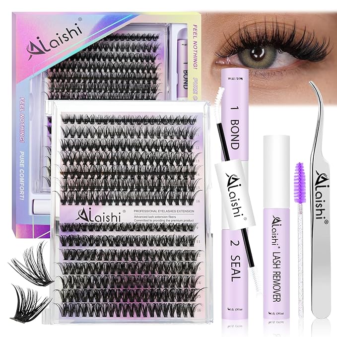 Lash Clusters Kit, DIY Cluster Eyelash Extensions 9‑16mm, 40D+50D, 280pcs Fluffy D Curl Natural Lashes with Bond & Seal,Remover,Tweezers,Brush–Fake Cat Eye Wispy Individual Clusters