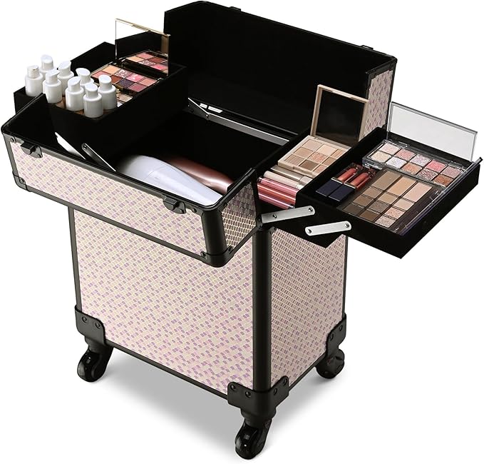 BYOOTIQUE Cosmetology Case on Wheels Cosmetic Trolley Travel Art Deco Tyrian