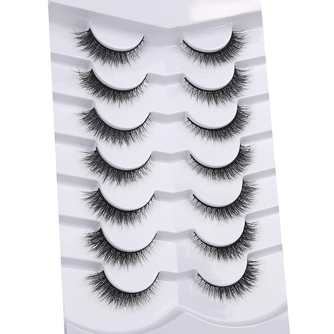 Pooplunch False Eyelashes Extension Volume Cat Eye Look Natural Wispy Short Volume 8D Fake Eyelashes Faux Mink Strip Lashes 7 Pairs Pack